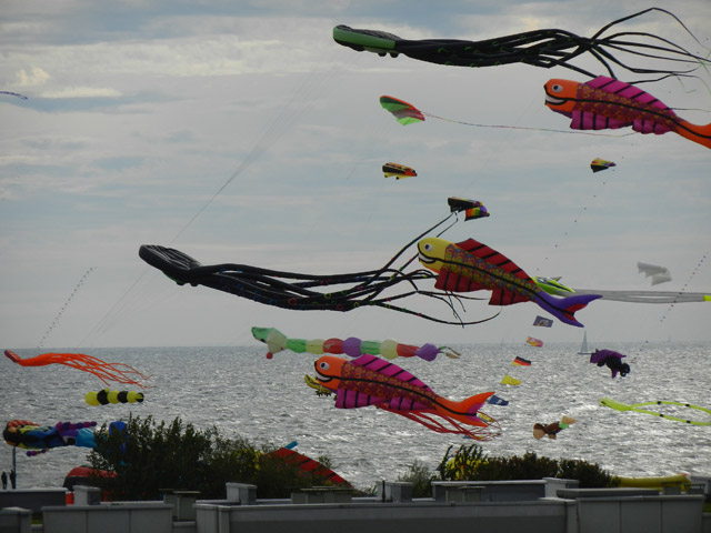 Blick auf das Drachenfest aus der Ferienwohnung Grande am Südstrand von Fehmarn